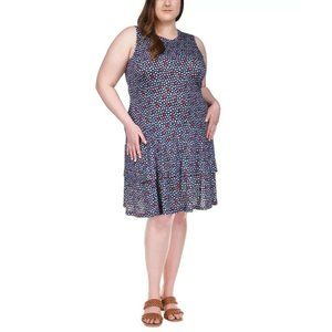 MICHAEL KORS Printed Flounce Dress Blue Plus Size 2X MSRP $110